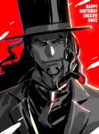  black_hair black_shirt facial_hair formal goatee greyscale grin hat long_hair monochrome necktie one_piece raine_(acke2445) red_background rob_lucci shirt simple_background smile suit top_hat white_suit 