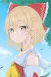  1girl ascot bangs bare_shoulders blonde_hair blue_sky blush bow braid closed_mouth clouds cloudy_sky collared_dress commentary_request cosplay crossed_bangs detached_sleeves dress eyes_visible_through_hair frills hair_between_eyes hair_bow hakurei_reimu hakurei_reimu_(cosplay) highres kirisame_marisa leaf long_sleeves looking_at_viewer red_bow red_dress short_hair single_braid sky solo touhou tree upper_body wide_sleeves yamutarou yellow_ascot yellow_eyes 