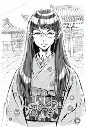  1girl aquaberrymarine black_hair blunt_bangs commentary_request floral_print floral_print_kimono glasses highres japanese_clothes kimono long_hair looking_at_viewer monochrome nose original print_kimono smile straight-on temple 