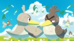  absurdres brown_eyes clouds commentary_request day farfetch&#039;d galarian_farfetch&#039;d handshake highres komepan leaf no_humans outdoors pokemon pokemon_(creature) scratches sky sweat 