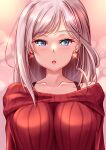  1girl asymmetrical_hair bangs blue_eyes breasts collarbone earrings fate/grand_order fate_(series) highres hikaru_310 jewelry large_breasts long_hair miyamoto_musashi_(fate) off-shoulder_sweater off_shoulder pink_hair red_sweater solo sweater swept_bangs upper_body 