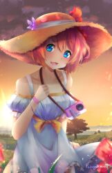  1girl :d absurdres artist_name blue_eyes camera commentary doki_doki_literature_club dress english_commentary flower hair_between_eyes hat hat_flower highres looking_at_viewer merchandise_available nature official_art open_mouth outdoors pink_hair sayori_(doki_doki_literature_club) second-party_source short_hair smile solo straw_hat sunset takuyarawr tree white_dress wristband 