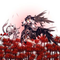  1girl 1other ankle_cuffs barefoot black_dress chain claw_pose collar crinoline dress fantastic_danmaku_festival feathered_wings flower full_body game_cg gothic_lolita grey_hair grin heterochromia juliet_sleeves lolita_fashion long_sleeves looking_at_viewer nail_(hardware) official_art puffy_sleeves red_eyes scorpion5050 sleeves_past_fingers sleeves_past_wrists smile spider_lily spiked_collar spikes stuffed_animal stuffed_toy thanatos_(fantastic_danmaku_festival) third-party_source tinda_(fantastic_danmaku_festival) touhou wings yellow_eyes 