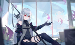  1girl absurdres abyssal_hunters_logo angelfish arknights arm_cuffs ascot bare_shoulders black_ascot black_chaps black_gloves black_pants black_shirt blurry blurry_foreground breasts chaps closed_mouth clothing_cutout clouds commentary_request day detached_sleeves feet_out_of_frame fish flying_fish flying_whale gloves hair_between_eyes hat highres indoors infection_monitor_(arknights) long_hair looking_at_viewer no_headwear on_floor orca pants red_eyes scenery shirt sitting skadi_(arknights) skadi_(elite_ii)_(arknights) skyline solo sword thigh_cutout tropical_fish very_long_hair weapon whale white_hair whitecrow4444 window 