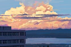  building chinese_commentary chromatic_aberration clouds cloudy_sky commentary_request evening fangpeii highres lake mountainous_horizon no_humans original outdoors scenery sky 