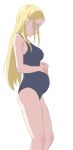 1girl bare_legs blonde_hair blue_eyes blue_swimsuit breasts cowboy_shot from_side hands_on_own_stomach highres kofune_ushio large_breasts long_hair looking_at_viewer one-piece_swimsuit pregnant profile school_swimsuit simple_background sincos solo summertime_render swimsuit very_long_hair white_background