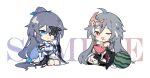  2girls :d ahoge bangs black_hair blue_eyes chibi china_dress chinese_clothes closed_mouth cup dress dual_persona earrings food food_on_face fruit fu_hua fu_hua_(herrscher_of_sentience) full_body hair_ornament hair_over_one_eye highres holding holding_cup holding_plate honkai_(series) honkai_impact_3rd indian_style jewelry long_hair long_sleeves multiple_girls on_floor one_eye_closed open_mouth plate ponytail qqqne red_eyes sample_watermark simple_background single_earring sitting smile watermelon white_background white_dress 