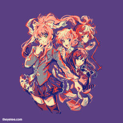  4girls animal artist_request blazer blush bottle bow bug closed_mouth collared_shirt commentary cropped_legs doki_doki_literature_club doki_doki_literature_club_school_uniform english_commentary feathers floating_hair hair_bow hair_intakes hair_ornament hair_ribbon hairclip holding holding_animal holding_bottle holding_bug holding_feather jacket limited_palette long_hair long_sleeves merchandise_available monika_(doki_doki_literature_club) multiple_girls natsuki_(doki_doki_literature_club) neck_ribbon notebook official_art one_eye_closed open_mouth paper pen ponytail raccoon ribbon sayori_(doki_doki_literature_club) school_uniform second-party_source shirt short_hair sidelocks simple_background skirt smile spider sweater_vest teeth thigh-highs upper_teeth_only violet_eyes web_address yuri_(doki_doki_literature_club) 