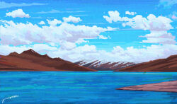  blue_sky chinese_commentary clouds colorful commentary_request day fangpeii highres hill lake landscape mountainous_horizon no_humans original outdoors scenery signature sky water 