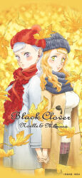  2girls absurdres autumn autumn_leaves back-to-back beanie black_clover black_hat black_scarf blush breasts brown_coat character_name coat commentary copyright_name cursive earrings english_text falling_leaves grey_coat grey_hair hat highres holding_hands jewelry large_breasts leaf long_hair looking_at_viewer maple_leaf mimosa_vermillion multiple_girls noelle_silva official_alternate_costume official_art open_clothes open_coat orange_hair pom_pom_(clothes) pom_pom_beanie red_hat red_scarf scarf shirt smile tabata_yuuki violet_eyes white_shirt 