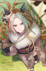  1girl ahoge animal_ears black_gloves blue_eyes blush commentary_request ear_covers ear_flower floral_print floral_print_kimono fur-trimmed_kimono fur_trim gloves grey_kimono grin highres horse_ears horse_girl horse_tail japanese_clothes kimono kite long_hair long_sleeves looking_at_viewer multicolored_hair obi open_mouth orange_hair orfevre_(umamusume) print_kimono sandals sash smile socks tail two-tone_hair umamusume white_hair white_socks yue_(lov_n_n) 