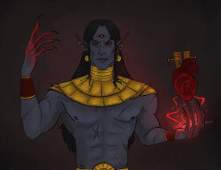  1boy black_background black_hair black_sclera blood claws colored_sclera colored_skin dagoth_ur dunmer earrings elf energy gold_earrings gold_necklace grey_skin heart_(organ) jewelry long_hair looking_at_viewer magic male_focus necklace pectorals pointy_ears radsnroses red_eyes scar scar_on_arm scar_on_chest scar_on_face the_elder_scrolls the_elder_scrolls_iii:_morrowind third_eye topless_male upper_body 
