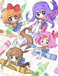  4girls black_pantyhose blue_eyes blue_skirt blush bow brown_hair chibi chibi_only closed_mouth cover_image crayon doki_doki_literature_club doki_doki_literature_club_school_uniform dot_mouth eyelashes floating_hair green_eyes grey_jacket hair_bow hair_ornament hair_ribbon hairclip head_rest heart highres holding holding_crayon jacket long_hair long_sleeves merchandise_available monika_(doki_doki_literature_club) multiple_girls natsuki_(doki_doki_literature_club) neck_ribbon oceaninspace official_art open_clothes open_jacket open_mouth orange_sweater_vest outstretched_arms pantyhose pink_eyes pink_hair ponytail purple_hair red_bow red_ribbon ribbon sayori_(doki_doki_literature_club) school_uniform shoes short_hair sidelocks skirt smile socks spread_arms star_(symbol) sweat sweater_vest two_side_up v-shaped_eyebrows violet_eyes white_ribbon white_shoes white_socks yuri_(doki_doki_literature_club) 