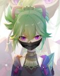  1girl absurdres armor bangs collarbone commentary_request genshin_impact green_hair hair_between_eyes hair_ornament highres japanese_clothes kuki_shinobu long_hair looking_at_viewer mask mouth_mask ponytail qixia rope shimenawa shoulder_armor sidelocks simple_background solo violet_eyes zoom_layer 