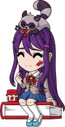  1girl ^_^ animal_on_head artist_request blazer blue_skirt book bread bread_slice breasts closed_eyes closed_mouth collared_shirt commentary deformed doki_doki_literature_club doki_doki_literature_club_school_uniform english_commentary eyelashes food food_in_mouth food_on_face food_on_hand full_body grey_jacket hair_between_eyes hair_ornament hairclip jacket jam jar long_hair long_sleeves merchandise_available mouth_hold neck_ribbon no_nose official_art on_head orange_sweater_vest purple_hair raccoon red_ribbon ribbon school_uniform second-party_source shirt shoes sitting skirt smile socks solo sweater_vest toast toast_in_mouth transparent_background white_shirt white_shoes white_socks yuri_(doki_doki_literature_club) 