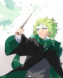  1boy alternate_skin_color animal bad_id bad_twitter_id bird black_cloak cloak cookie_run forehead_jewel green_eyes green_hair grey_sweater_vest harry_potter_(series) hogwarts_school_uniform holding holding_wand humanization inactive_account magic male_focus nana_(ebitokanimiso) painttool_sai_(medium) pointy_ears school_uniform short_hair sidelocks simple_background solo sweater_vest upper_body wand white_background wind_archer_cookie wizarding_world 