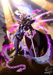 1other absurdres alternate_design arm_blade armor artist_name black_cloak breastplate ceruledge chain cloak colored_skin crack_of_light dappled_sunlight evening facing_to_the_side fire glowing glowing_eyes glowing_weapon grey_skin highres hitodama holding holding_chain holding_scythe leg_armor light_rays looking_to_the_side mountain outdoors overcast pokemon pokemon_(creature) pokemon_focus purple_armor purple_skin scythe signature sky smoke sufferay sunlight violet_eyes weapon 