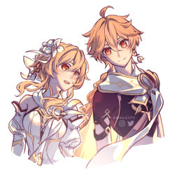  1boy 1girl aether_(genshin_impact) ahoge artist_name bare_shoulders black_shirt blonde_hair braid braided_ponytail breasts brother_and_sister closed_mouth commentary cropped_shirt cropped_torso detached_sleeves dress earrings english_commentary flower genshin_impact hair_between_eyes hair_flower hair_ornament hair_ribbon highres jewelry long_hair looking_at_another lumine_(as_heaven_and_earth_are_made_anew)_(genshin_impact) lumine_(genshin_impact) medium_breasts official_alternate_costume open_mouth ribbon scarf shirt short_hair_with_long_locks siblings simple_background single_earring smile soulc1ty white_background white_dress white_scarf yellow_eyes 
