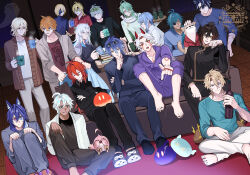 6+boys alhaitham_(genshin_impact) animal_ears aqua_shirt arataki_itto baizhu_(genshin_impact) barefoot bat_ears black_hair black_pajamas black_shirt blindfold blonde_hair blue_eyes blue_hair blue_shirt boo_tao_(genshin_impact) bottle brown_cardigan brown_hair brown_jacket cacucu_(genshin_impact) cardigan changsheng_(genshin_impact) commentary_request cup dainsleif_(genshin_impact) demon_horns diluc_(genshin_impact) eyepatch facial_mark feet flins_(genshin_impact) genshin_impact green_eyes green_hair green_shirt grey_pants heterochromia highres hiki_yuichi holding holding_bottle holding_cup hood hoodie horns ifa_(genshin_impact) jacket kaeya_(genshin_impact) kamisato_ayato kaveh_(genshin_impact) long_hair multicolored_hair multiple_boys neuvillette_(genshin_impact) orange_hair ororon_(genshin_impact) pajamas pants pink_eyes purple_hoodie red_eyes red_shirt shiba_inu shirt short_hair slime_(substance) snake streaked_hair taroumaru_(genshin_impact) tartaglia_(genshin_impact) thoma_(genshin_impact) toes varka_(genshin_impact) white_shirt wine_bottle wriothesley_(genshin_impact) yellow_eyes zhongli_(genshin_impact) 