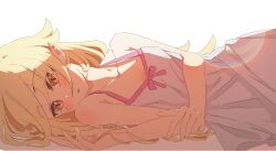  1girl absurdres aterdyne bakemonogatari bare_shoulders blonde_hair blush dress hair_between_eyes highres lens_flare long_hair looking_at_viewer lying monogatari_(series) on_side open_mouth oshino_shinobu pointy_ears ribbon simple_background solo white_background white_dress yellow_eyes 