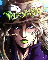  5boys absurdres argyle_clothes argyle_sweater beard blue_eyes boots brown_hair brown_hat comic_cover_redraw commentary cowboy_hat derivative_work diego_brando dress english_commentary facial_hair full_body goggles goggles_on_headwear green_lips gyro_zeppeli hat hatching_(texture) helmet hey_ya_(horse) high_heel_boots high_heels highres horse horseback_riding johnny_joestar jojo_no_kimyou_na_bouken long_hair looking_at_viewer multiple_boys noonvincent pocoloco portrait purple_shirt redrawn riding sandman_(sbr) shirt silver_bullet_(jojo) slow_dancer_(jojo) solo steel_ball_run sweater 