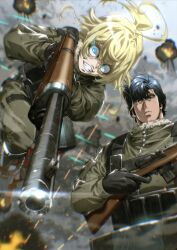  1boy 1girl ahoge aiming black_eyes black_gloves black_hair blonde_hair blue_eyes blurry blurry_background city_hunter closed_mouth commentary_request crossover evil_grin evil_smile explosion eye_trail fur-trimmed_jacket fur_trim glint gloves green_jacket green_pants grin gun hair_between_eyes highres holding holding_gun holding_weapon huge_ahoge jacket light_trail load_bearing_equipment long_sleeves looking_at_viewer military_combat_uniform military_uniform pants rifle saeba_ryou short_hair smile tanya_degurechaff trigger_discipline weapon youjo_senki yuu_(masarunomori) 