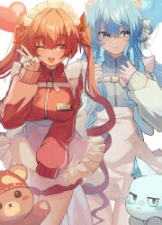  2girls absurdres alternate_costume apron blue_dress blue_eyes blue_hair closed_mouth commentary_request dress hair_ribbon highres hololive hoshimachi_suisei houshou_marine long_hair looking_at_viewer maid maid_apron maid_headdress multiple_girls open_mouth red_dress red_eyes red_hair red_ribbon ribbon roy_(roy_pomu) sidelocks smile twintails v virtual_youtuber white_apron 