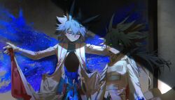  2boys alien_888 antenna_hair armor bleeding blonde_hair blood blue_hair coat cowboy_shot death face_in_shadow facial_mark facing_ahead facing_to_the_side furrowed_brow glowing glowing_eyes green_eyes highres holding holding_coat holding_unworn_clothes hole_in_chest hole_on_body implied_murder indoors injury kuaidul_velgear long_sleeves looking_ahead lying male_focus multiple_boys museum on_back open_clothes open_coat outstretched_arms paint paint_on_clothes paint_splatter painting_(object) pinned popped_collar shade sheath sheathed shoulder_armor sleeves_past_wrists spiky_hair suspension unworn_coat white_coat yu-gi-oh! yu-gi-oh!_go_rush!! yudias_velgear 