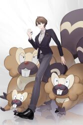  1boy bibarel black_jacket black_shoes brown_eyes brown_hair buck_teeth business_suit collared_shirt commentary_request dress_shoes flock formal_clothes hair_between_eyes highres jacket kagami_hayato kagami_hayato_(1st_costume) long_sleeves nijisanji oxfords pants parted_lips pocket_square pokemon pokemon_(creature) reflection sakauri_rk shirt shirt_under_kimono shoes short_hair simple_background smile suit tail teeth virtual_youtuber walking white_background white_shirt 