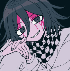  1boy black_background black_eyes black_hair bleeding blood blood_on_face checkered_clothes checkered_scarf commentary_request danganronpa_(series) danganronpa_v3:_killing_harmony flipped_hair grin hair_between_eyes hands_on_own_knees highres injury knee_up long_sleeves looking_at_another male_focus milk_o oma_kokichi pink_blood portrait ringed_eyes scarf short_hair smile solo teeth two-tone_scarf 