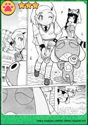  3girls absurdres angol_mois animal_ears bottle cardigan common_raccoon_(kemono_friends) copyright_name elbow_gloves extra_ears fennec_(kemono_friends) food fox_ears fox_girl frog gloves hair_ornament hairpin hat highres japari_bun kemono_friends kemono_friends_3 keroro keroro_gunsou multiple_girls necktie official_art one_eye_closed outdoors raccoon_ears raccoon_girl raccoon_tail school_uniform shirt shoes short_hair skirt socks star_(symbol) tail tamama wristband yoshizaki_mine 