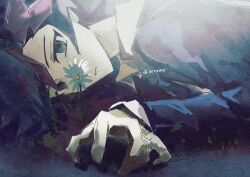  1boy bad_anatomy bad_hands black_coat bleeding blood blood_on_ground blue_hair blue_necktie close-up coat colored_bangs dappled_sunlight dress_shirt empty_eyes facing_down flower fujiki_yusaku green_eyes hand_on_ground highres implied_murder injury looking_ahead lying male_focus muted_color necktie on_ground on_stomach open_clothes open_coat screen0624 shirt sketch spiky_hair sunlight turning_head twitter_username white_flower white_shirt yu-gi-oh! yu-gi-oh!_vrains 