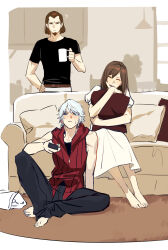  1girl 2boys ? absurdres bare_arms bare_shoulders barefoot belt black_pants black_shirt blue_eyes blush brown_background brown_hair closed_eyes closed_mouth confused controller couch couple cup devil_may_cry_(series) dress embarrassed facial_hair father_and_daughter feet hair_between_eyes hair_slicked_back hand_on_own_hip head_tilt highres holding holding_controller holding_cup holding_remote_control hood hood_down hoodie hugging_object indoors klm066052 knee_up kyrie_(devil_may_cry) laughing leaning_back long_hair looking_to_the_side looking_up mug multiple_boys nero_(devil_may_cry) nervous nose_blush on_couch on_ground open_mouth pants pillow pillow_hug red_hoodie remote_control shirt short_sleeves sitting sleeveless sleeveless_hoodie sweatdrop white_hair 