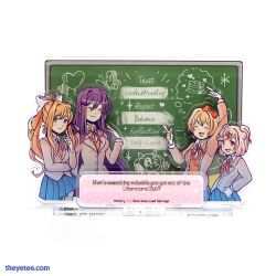  4girls acrylic_stand_(medium) arm_up artist_request blazer blue_skirt blush bow breasts brown_hair chalk_drawing chalkboard closed_eyes closed_mouth collared_shirt commentary dialogue_box doki_doki_literature_club doki_doki_literature_club_school_uniform english_commentary english_text green_eyes grey_jacket hair_bow hair_intakes hair_ornament hair_ribbon hairclip heart highres index_finger_raised jacket long_hair long_sleeves merchandise_available monika_(doki_doki_literature_club) multiple_girls natsuki_(doki_doki_literature_club) neck_ribbon official_art open_clothes open_jacket open_mouth orange_sweater_vest photo_(medium) pink_eyes pink_hair ponytail purple_hair red_bow red_ribbon ribbon sayori_(doki_doki_literature_club) school_uniform second-party_source shirt short_hair sidelocks simple_background skirt smile sweater_vest two_side_up web_address white_background white_ribbon white_shirt yuri_(doki_doki_literature_club) 