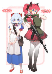  2girls abbystea animal_ears apron assault_rifle blue_dress blue_eyes boots cat_ears dress gloves green_gloves gun hair_intakes heart heart_hands highres kalashnikov_rifle load_bearing_vest multiple_girls open_mouth original red_dress red_hair ribbon_of_saint_george rifle russian_flag russian_text speech_bubble thigh_boots translation_request weapon white_hair wrench 