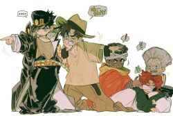  ! !! !? ... 5boys aged_down black_hair black_jacket black_pants brown_pants brown_shirt chain cherry_earrings collared_shirt dark-skinned_male dark_skin earrings english_text flattop food-themed_earrings gakuran green_jacket hat headband highres jacket jean_pierre_polnareff jewelry jojo_no_kimyou_na_bouken jojo_pose joseph_joestar joseph_joestar_(young) kakyoin_noriaki kujo_jotaro kujo_jotaro's_pose long_coat mnnd mohammed_avdol multiple_boys one_eye_closed oversized_clothes pants red_hair school_uniform shirt spoken_ellipsis spoken_exclamation_mark spoken_interrobang stardust_crusaders stud_earrings white_background white_hair white_pants 