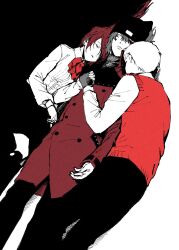  1girl 2boys aragaki_shinjirou beanie black_hat black_pants bow bowtie closed_eyes closed_mouth coat feet_out_of_frame gekkoukan_high_school_uniform hat highres holding_hands kirijou_mitsuru long_hair long_sleeves lying multiple_boys on_back on_side pants parted_lips persona persona_3 red_bow red_bowtie red_coat red_hair red_sweater_vest rostinbitgru sanada_akihiko school_uniform shirt short_hair sweater_vest white_shirt 