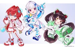  3girls :d ange_katrina animal_ears animal_on_shoulder arm_up asymmetrical_legwear belt bird bird_on_shoulder blue_eyes blue_gloves blue_hair blunt_bangs blush boots braid brown_hair brown_tail cd clenched_hands color-coded commentary_request copyright_notice crossed_bangs deformed dog_ears dog_girl dog_tail dress fangs fishnets flask flower gloves gradient_eyes green_gloves grey_background grin hair_flower hair_intakes hair_ornament hands_up heterochromia index_finger_raised inui_toko jacket knee_pads leotard lize_helesta long_hair long_sidelocks long_sleeves looking_at_viewer mismatched_legwear mugimugigo multicolored_eyes multicolored_hair multiple_girls nijisanji official_alternate_costume official_art open_clothes open_jacket open_mouth oversized_zipper pink_eyes pleated_dress ponytail puffy_long_sleeves puffy_sleeves red_belt red_eyes red_gloves red_hair red_shoes round-bottom_flask sample_watermark sanbaka_(nijisanji) sebastian_piyodore shoes short_dress short_ponytail shorts sidelocks simple_background single_knee_pad smile sneakers standing streaked_hair tail thigh-highs triangle_hair_ornament two-tone_hair very_long_hair violet_eyes virtual_youtuber watermark white_belt white_boots white_dress white_gloves white_hair white_jacket white_leotard white_shoes white_shorts white_thighhighs yellow_eyes zipper 