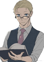  1boy black-framed_eyewear black_vest blonde_hair blue_eyes book closed_mouth collared_shirt f11417073 glasses hair_slicked_back highres holding holding_book looking_at_viewer looking_over_eyewear male_focus necktie open_book over-rim_eyewear purple_necktie semi-rimless_eyewear shirt short_hair simple_background smile solo spy_x_family three-quarter_sleeves twilight_(spy_x_family) twitter_username upper_body vest waistcoat white_background white_shirt 