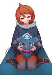  1girl absurdres arezu_(pokemon) blue_hoodie blush breasts colored_sclera cowlick diamond_clan_outfit gradient_clothes gradient_legwear gradient_pantyhose highres holding holding_pokemon hood hoodie jacket long_sleeves misdreavus obi3 open_mouth pantyhose pantyhose_under_shorts pokemon pokemon_(creature) pokemon_legends:_arceus red_eyes red_hair red_pantyhose sandals short_hair shorts sitting smile two-tone_legwear two-tone_pantyhose wariza yellow_eyes yellow_sclera 