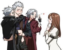  1girl 3boys black_gloves blue_eyes blush brown_hair carrying carrying_person chinese_commentary closed_eyes coat commentary_request dante_(devil_may_cry) devil_may_cry_(series) devil_may_cry_5 dress fingerless_gloves gloves highres holding kyrie_(devil_may_cry) long_hair multiple_boys nero_(devil_may_cry) open_mouth short_hair simple_background smile vergil_(devil_may_cry) white_background white_hair wuliu_heihuo 