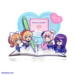  >_< 4girls :o acrylic_stand_(medium) artist_request blue_skirt blush blush_stickers book brown_hair chibi chibi_only closed_eyes closed_mouth commentary doki_doki_literature_club doki_doki_literature_club_school_uniform english_commentary english_text eraser full_body green_eyes grey_jacket hair_ornament hair_ribbon hairclip heart highres holding holding_pen jacket long_hair long_sleeves monika_(doki_doki_literature_club) multiple_girls natsuki_(doki_doki_literature_club) neck_ribbon nib_pen_(object) official_art open_book open_mouth oversized_object own_hands_together pen photo_(medium) pink_hair ponytail purple_hair red_ribbon ribbon sayori_(doki_doki_literature_club) school_uniform second-party_source short_hair sidelocks simple_background skirt smile standing standing_on_one_leg two_side_up very_long_hair web_address white_background white_ribbon yuri_(doki_doki_literature_club) 