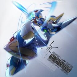  1boy android arm_cannon armor clenched_teeth falcon_armor_x_(mega_man) full_body green_eyes grey_background helmet male_focus mechanical_wings mega_man_(series) mega_man_x_(series) solo teeth to_i_to_io watermark weapon white_armor white_helmet wings x_(mega_man) 