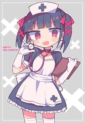  1girl :d absurdres apron black_dress blunt_bangs blush_stickers clipboard commentary_request cowboy_shot dress fang frilled_dress frilled_sleeves frills gloves grey_background hair_ribbon happy_halloween hat highres holding holding_clipboard holding_stethoscope looking_at_viewer nurse nurse_cap original outline red_eyes red_ribbon ribbon richard_(richaball) short_hair short_sleeves smile solo stethoscope thigh-highs twintails white_apron white_gloves white_hat white_outline white_thighhighs zettai_ryouiki 