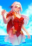  1girl absurdres blush cape casual_one-piece_swimsuit closed_mouth cute edelgard_von_hresvelg fire_emblem fire_emblem:_three_houses fire_emblem_heroes hair_ornament hair_ribbon highres intelligent_systems long_hair looking_at_viewer nintendo one-piece_swimsuit red_cape ribbon sethkiel smile solo super_smash_bros. swimsuit uniform violet_eyes walking_on_liquid walking_on_water water white_hair 