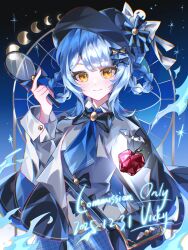  1girl absurdres apple black_capelet black_hat blue_background blue_hair blue_necktie blue_skirt braid braided_hair_rings capelet closed_mouth commentary commission cowboy_shot crescent dated deerstalker food fruit gradient_background hair_rings hand_up hat highres holding holding_magnifying_glass long_sleeves looking_at_viewer magnifying_glass mahou_shoujo_no_majo_saiban moon_phases necktie short_hair skirt smile solo standing symbol-only_commentary tachibana_sherry vest weizhishu_vicky yellow_eyes 