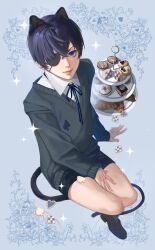  1boy animal_ears black_shoes black_sweater blue_eyes cat_ears cat_tail ciel_phantomhive closed_mouth collared_shirt earrings eyepatch food full_body highres invisible_chair jewelry kuroshitsuji looking_at_viewer male_focus neck_ribbon one_eye_covered ribbon shirt shoes short_hair shorts sitting solo sweater tail tusaiwan27 white_shirt 