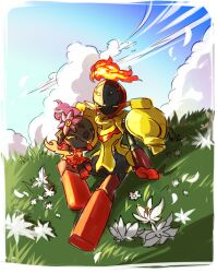  1girl 1other armarouge armor black_helmet black_skin blue_sky breastplate charcadet closed_eyes clouds cloudy_sky colored_skin evolutionary_line floating_armor flower flower_on_head hand_on_ground helmet knee_up on_grass on_ground outdoors outstretched_arms pauldrons pleated_skirt plume pokemon pokemon_(creature) pokemon_focus red_armor red_skin red_skirt shoulder_armor sitting sitting_on_person size_difference skirt sky sufferay white_flower wind 