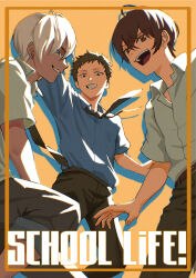  absurdres ahoge arm_up black_necktie blue_necktie brown_eyes brown_hair brown_pants collared_shirt commentary_request drop_shadow english_text grin highres ibrahim_(nijisanji) inset_border kagami_hayato looking_at_viewer magurosamm male_focus necktie nijisanji open_mouth pants shirt short_hair short_sleeves smile virtual_youtuber white_hair white_shirt yashiro_kizuku yellow_background 