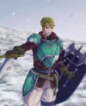  1boy armor axe bangs belt blonde_hair cowboy_shot fire_emblem fire_emblem:_the_blazing_blade gloves grey_gloves harken_(fire_emblem) highres holding holding_shield holding_sword holding_weapon long_sleeves looking_at_viewer male_focus open_mouth outdoors pants pauldrons pomodoro_(po) purple_shirt shield shirt short_hair shoulder_armor snow solo spiked_pauldrons standing sword weapon white_pants yellow_eyes 